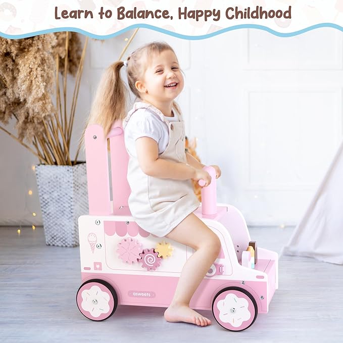 Asweets Wooden Baby Push and Pull Walker with Wheels, Learining Acticity Walker for Boys & Girls, Multiple Activities Center, Develops Motor Skills & Stimulates, 17.3''L x 9.1''W x 18.1''H-CubbioJoy