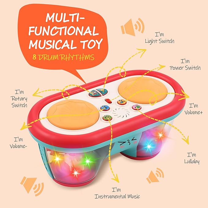 Baby Toys for 6 to 12 Months, Drum Musical Learning Infant Toys Rotating Light Up Toys for 12-18 Months, Tummy Time Toys for Baby 0-3-6-9 Months, Baby Gifts Toys 1 Year Old-CubbioJoy