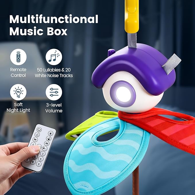 CUTE STONE Baby Crib Mobile with Music and Lights, Nursery Crib Mobile with Remote Control, Detachable Hanging Mobile for 3+ Months Newborn Babies, Fits Cribs and Strollers-CubbioJoy