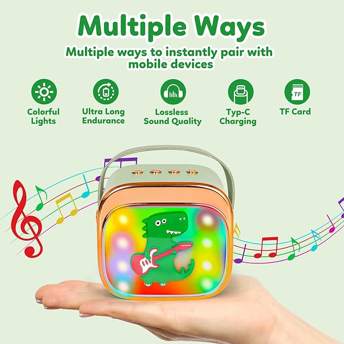 Dinosaur Karaoke Machine for Kids, Portable Mini Karaoke Machine with 2 Wireless Microphones, 4 5 6 7 8 9 10 Years Old Girl Boy Easter Christmas Birthday Gift Colorful Lighted Speaker Toys-CubbioJoy