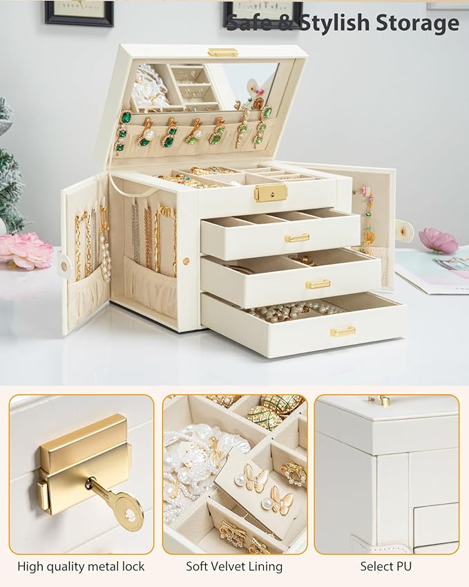 AKOZLIN Large 4-Tier Jewelry Box Leather Jewelry Storage Organizer with 3 Drawers Lockable for Women Girls Ring Necklace Earring Bracelet Watches Holder with Mirror White-CubbioJoy