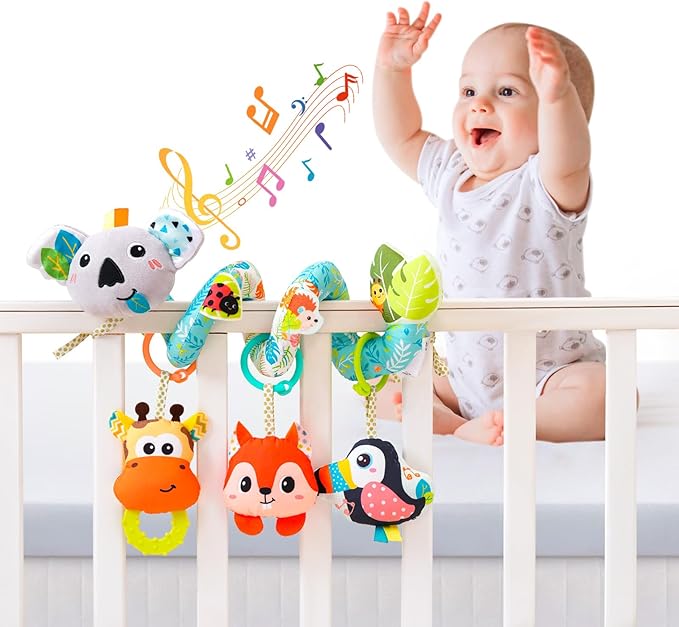 Jollybaby Crib Stroller Car Seat Toys for Baby 0-3-6-9-12 Months, Tummy Time Hanging Sensory Toys for Newborn with Music Box and Teether, Spiral Carseat Toy for Infant Boys Girls Gifts (Grey)-CubbioJoy