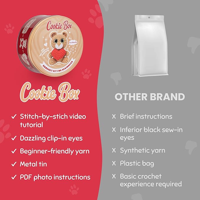 Cookie Box Crochet Kit for Beginners - Learn to Craft Amigurumi Stuffed Animals - Knitting Gift for Kids and Adults - Beginner-Friendly Yarn - Stitch-by-Stitch Video Tutorial - Bear Charlie-CubbioJoy