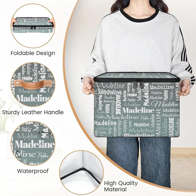 Custom Storage Basket with Name, Personalized Storage Bins with Zipper Lid, Foldable Fabric Storage Box Large capacity with Handle Gradient Grey Green-CubbioJoy