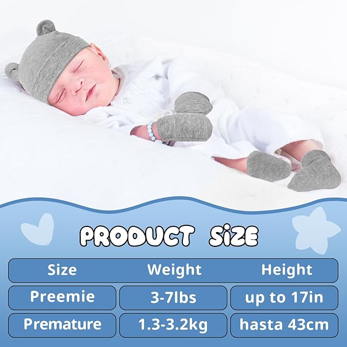 Cuffbow 4 Pcs Preemie Hats Mittens and Socks Set Preemie Mittens Warm Terry Socks for Baby-CubbioJoy