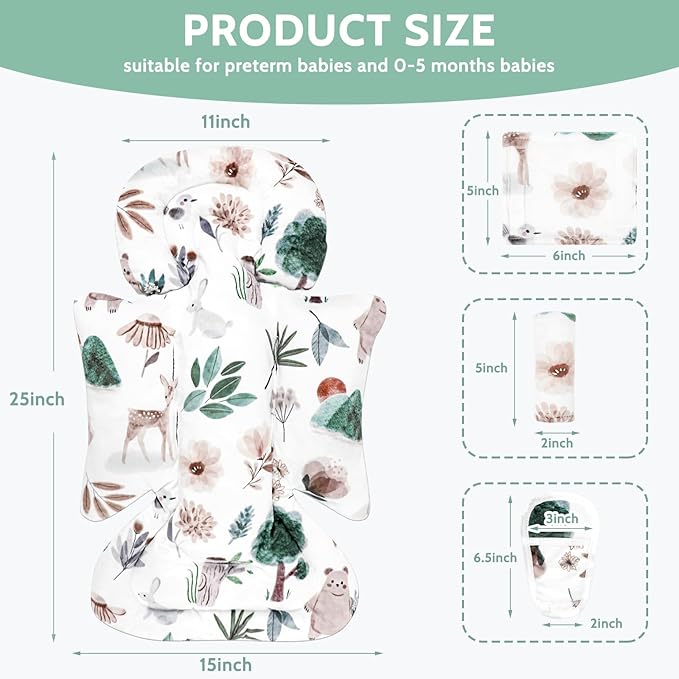 Infant Car Seat Insert and Strap Covers, Very Soft Car Seat Head Support Baby Girl Boy, Reversible Newborn Carseat Insert Cushion Fits for Stroller, Baby Swing, Bouncer (White Animals)-CubbioJoy