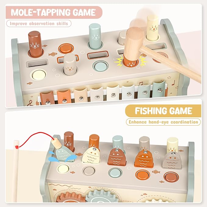 Joyreal Wooden Montessori Toys for 1 Year Old - Hammering Pounding Toy with Xylophone & Fishing Game - Educational Toddler Activities for 1 2 3 Year Old Christmas Birthday Gifts-CubbioJoy