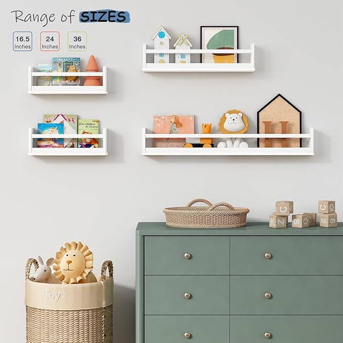 24 Inch White Wall Bookshelf for Kids Room, Floating Nursery Book Shelves Wall Mounted with Lip and Hanging Rod for Baby Girl Boy Bedroom, Large Corner Hanging Children Bookshelves -Set of 3-CubbioJoy