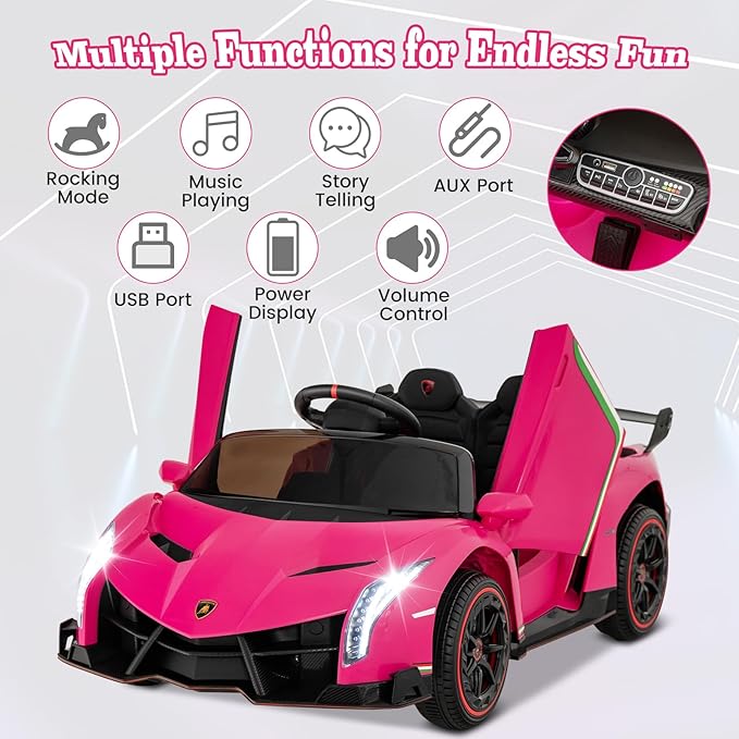 Costzon Pink Lamborghini Ride on Car, 12V Battery Powered 4WD Lambo Kids Car with Remote Control, 3 Speeds, Dual Doors, LED Lights, Horn, Music, Licensed Electric Vehicle for Toddlers Girls Kids Gift-CubbioJoy