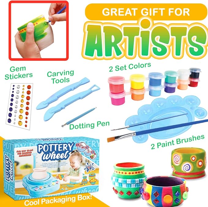 Insnug Mini Kids Pottery Wheel: Complete Painting Kit for Beginners with Modeling Clay and Sculpting Tools, Arts & Crafts Small Banding Wheel for Pottery, Tiny Pottery Wheel for Kids Age 8-12, 10-13-CubbioJoy