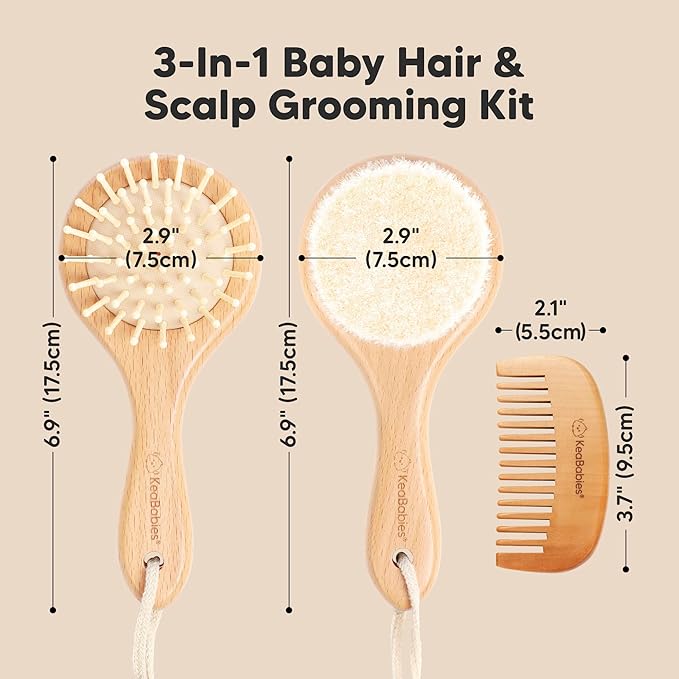 Baby Hair Brush and Comb Set for Newborn - Wooden Baby Hair Brush Set with Soft Goat Bristle, Baby Brush Set for Newborns, Baby Brush and Comb Set Girl, Boy, Toddler Cradle Cap Brush (Round, Walnut)-CubbioJoy