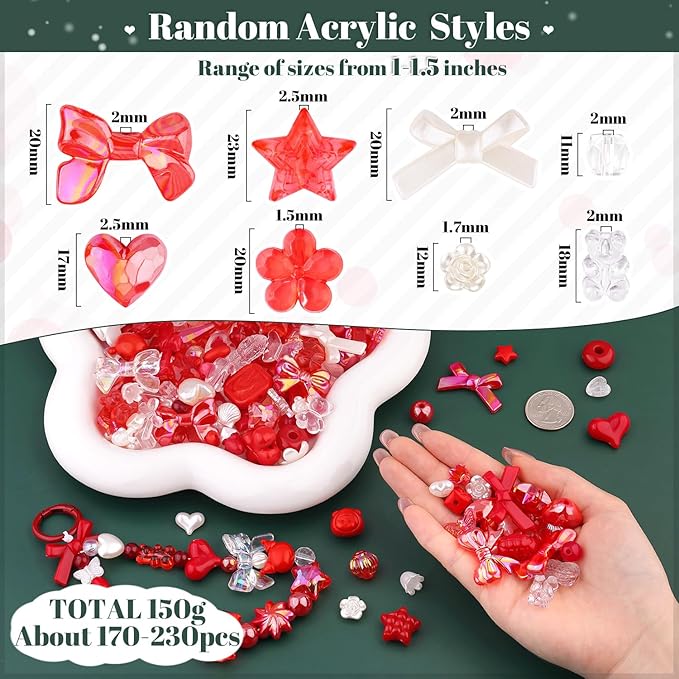 Assorted 170-230PCS Red Acrylic Beads for Bracelet Making, Flower Bow Butterfly Candy GummyBear Aesthetic Bracelet Charms,Cute Beads for Jewelry Making DIY Necklace Keychain Phone Charm-CubbioJoy