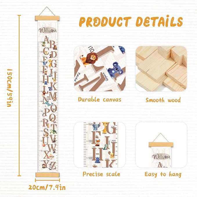 Customize Name Growth Chart Wall, Cute Letters Canvas Height Chart for Kids, Height Indicator Tape Ruler Growth Chart Decor, Toddler Room Decoration, Baby Measuring Board-CubbioJoy
