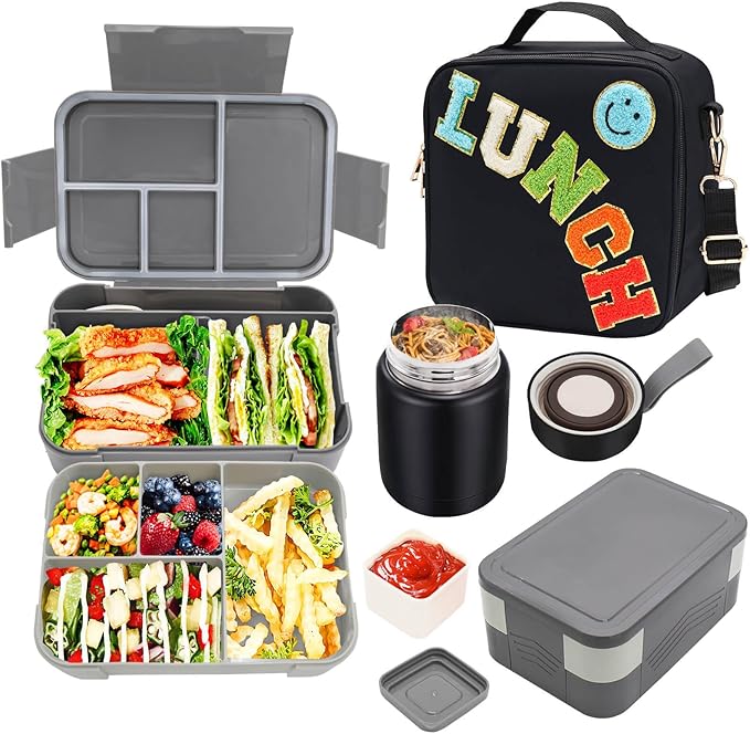 Insulated Lunch Bag for Boys Girls with 10oz Thermo, with 6 Compartment Bento Box, Black Nylon Preppy Lunch Box Adjustable Strap for Boy Girl Kids Teens School Travel Picnic-CubbioJoy