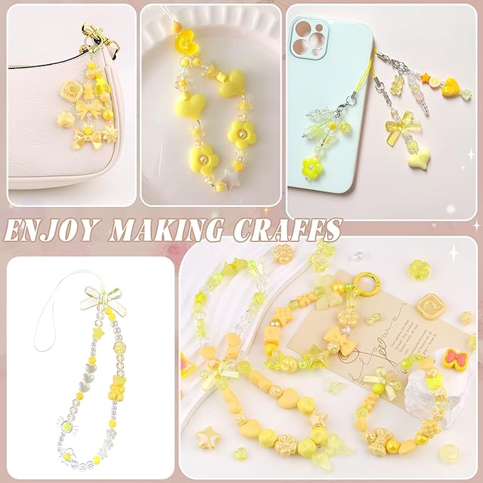 Assorted 170-230PCS Yellow Acrylic Beads for Bracelet Making, Flower Bow Butterfly Candy GummyBear Aesthetic Bracelet Charms,Cute Beads for Jewelry Making DIY Necklace Keychain Phone Charm-CubbioJoy
