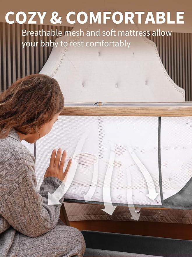 Baby Bassinet Bedside Sleeper - 3 in 1 Bassinets with Waterproof Sheets, Soft Mattress and Breathable Mesh, Adjustable Height Bedside Bassinet for Baby with Wheels, Storage Basket, Gray-CubbioJoy