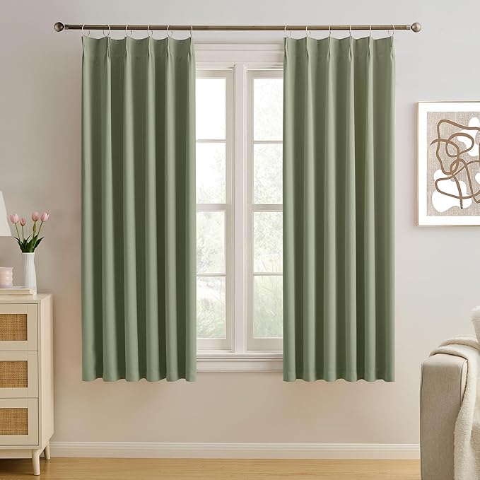 KEQIAOSUOCAI Sage Green Pinche Pleat Curtains 45 Inches Long Thermal Insulated Dark Black Out Short Drapery for Bedroom Light Blocking Window Covering Room Darkening Drapes for Nursery 40x45 2 Pieces-CubbioJoy