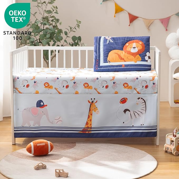 4 Piece Crib Bedding Set for Boys Girls, Infant Toddler Nursery Baby Bedding Sets Includes Cartoon Quilt, Fitted Crib Sheet, Crib Skirt and Plush Football Toy (MVP)-CubbioJoy