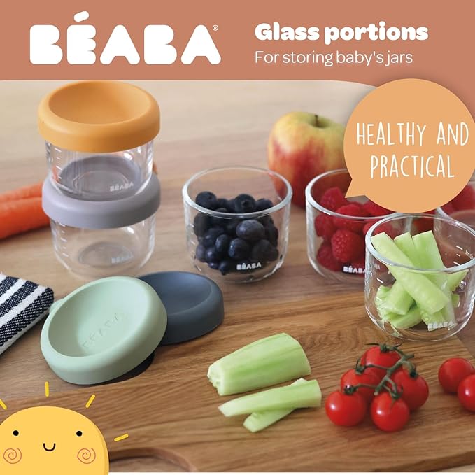 BEABA 5 oz Glass Baby Food Jars with Soft Silicone Air Tight Lids, Glass Storage Containers with Lids, Microwave and Freezer Safe Containers, Sage Green-CubbioJoy