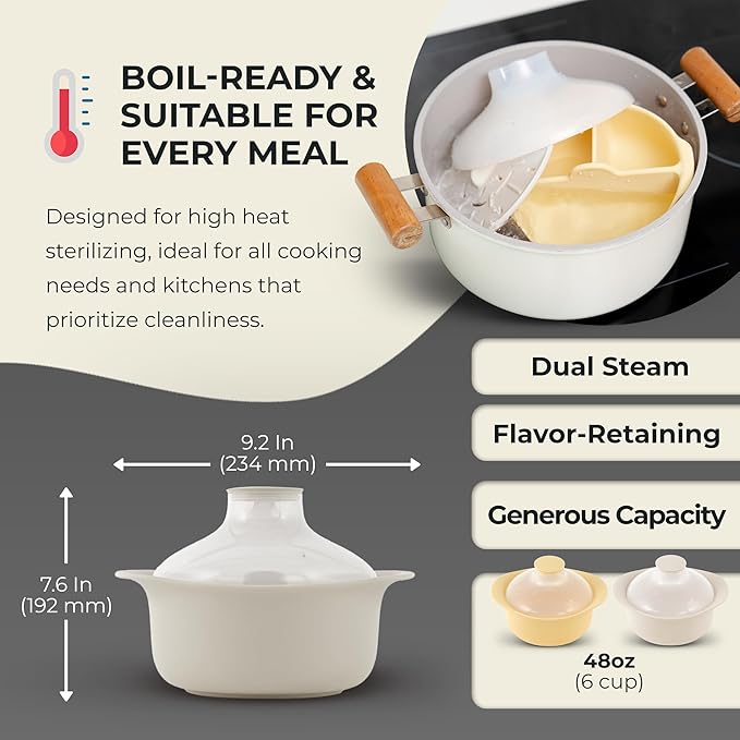 48oz Platinum Silicone 3 Compartmented Microwave Steamer Pot with Handle & Lid - Korea 100% Food-Grade Steamer Bowl, Heat-Resistant Cooker with Steam Holes, Easy Clean, Dishwasher Safe, Ivory-CubbioJoy