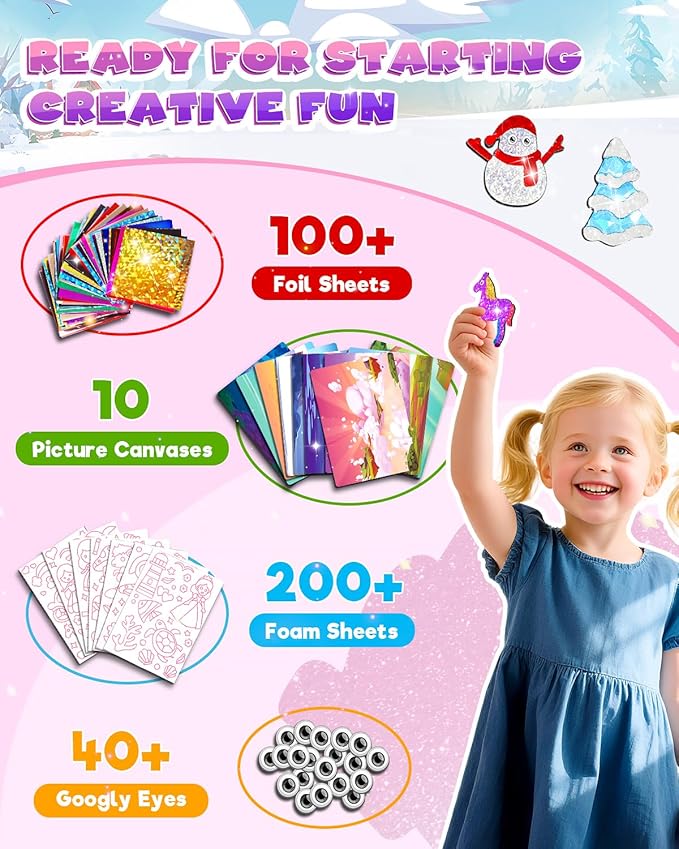 Baobrava Foil Art Fun Kit for Kids - DIY Toy Unicorn Princess Foil Art Craft Activity for Kids, Foam Stickers Fun Craft Kits & Supplies, Creative Christmas Birthday Gifts Travel Toys for 4 and Up-CubbioJoy