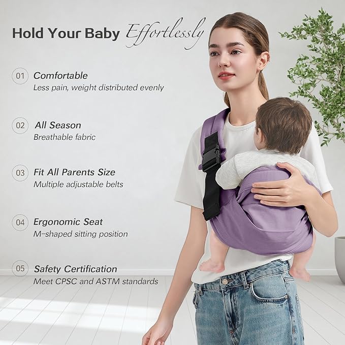 Baby Sling Carrier, Toddler Carrier Sling with Double Safety Buckle and Adjustable Shoulder Strap(7-30lbs), Baby Carriers One Size Fits All, Purple-CubbioJoy