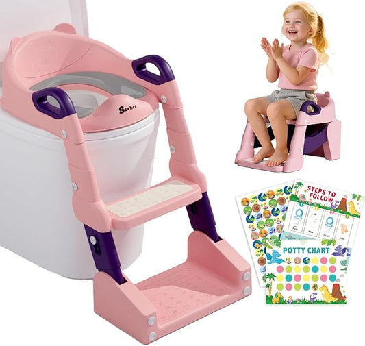 3-in-1 Potty Training Toilet, Toddler Toilet Seat with Step Stool, Foldable Potty Ladder with Potty Chart, PU Cushion, Splash Guard, Anti-Slip Steps & Urinal for Girls & Boys, Pink-CubbioJoy