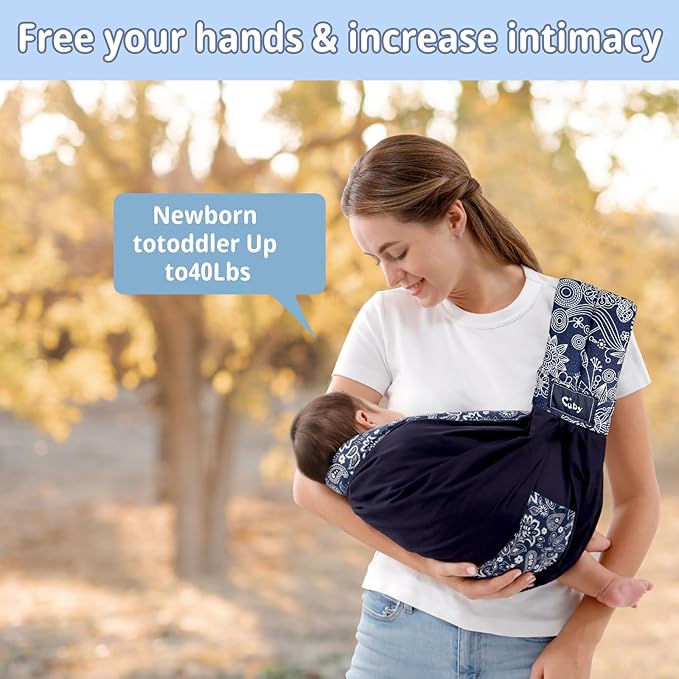 CUBY Wrap Baby Sling Carrier, Baby Wraps Sling Carrier Adjustable Breathable Lightweight Easy to Wearing - Baby Slings for Newborn Infant Toddler Front & Hip Carry Up to 40lbs (Dark Blue Floral)-CubbioJoy
