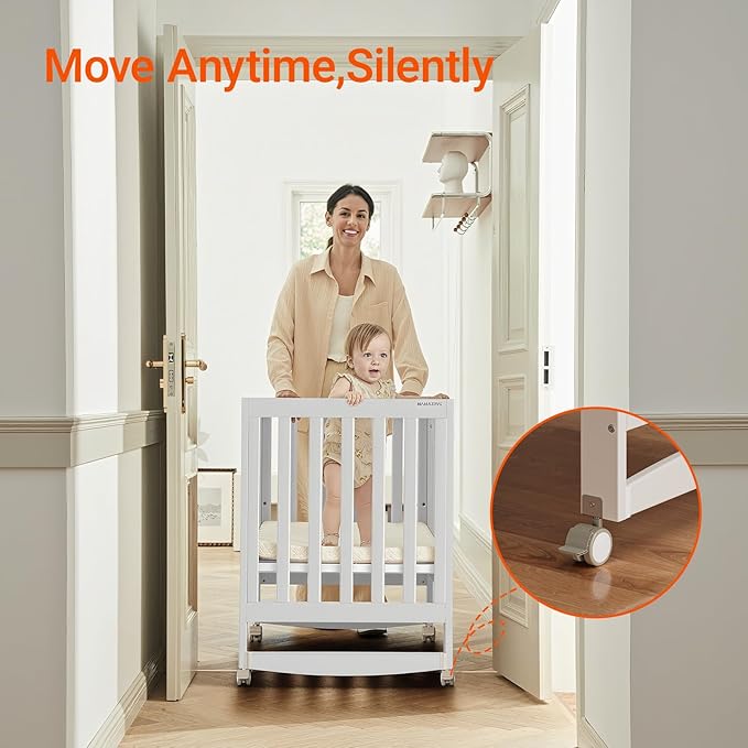 EvoNest Baby Crib, 11 in 1 Convertible Mini Crib with Wheels, 100% New Zealand Wood Growing Bed, 4 Adjustable Mattress Height,White-CubbioJoy