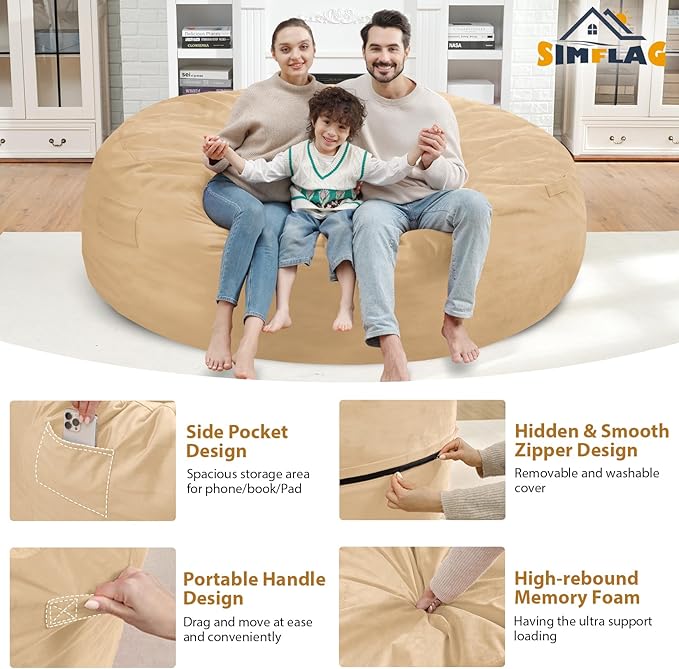 7FT Bean Bag Chair, Large Bean Bag Chairs with Memory Foam Filled, Fluffy Beanbag Sofa with Dutch Velvet Cover, Round BeanBag Chairs for Living Room, Playroom - Khaki-CubbioJoy