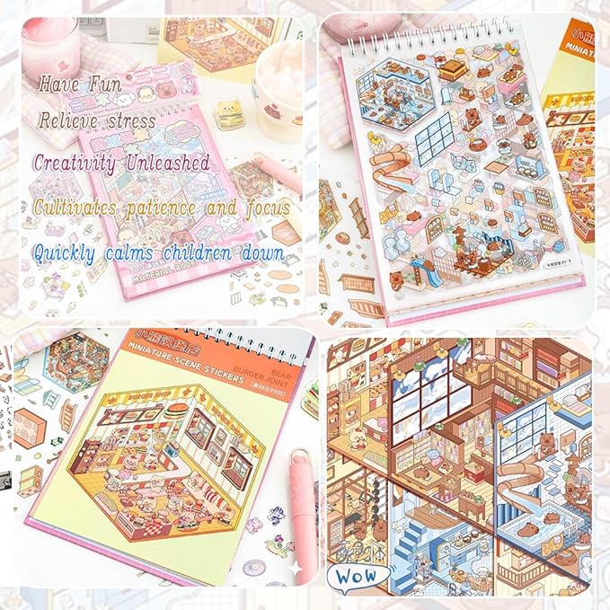 20 Sets DIY 3D Sticker Scenes for Adults with Tweezer, Kawaii 3D House Miniature Sticker Therapy, Make Your Own Mini Room Scene Collection Book for Adult Kids Relief Stress Pass The Time-CubbioJoy