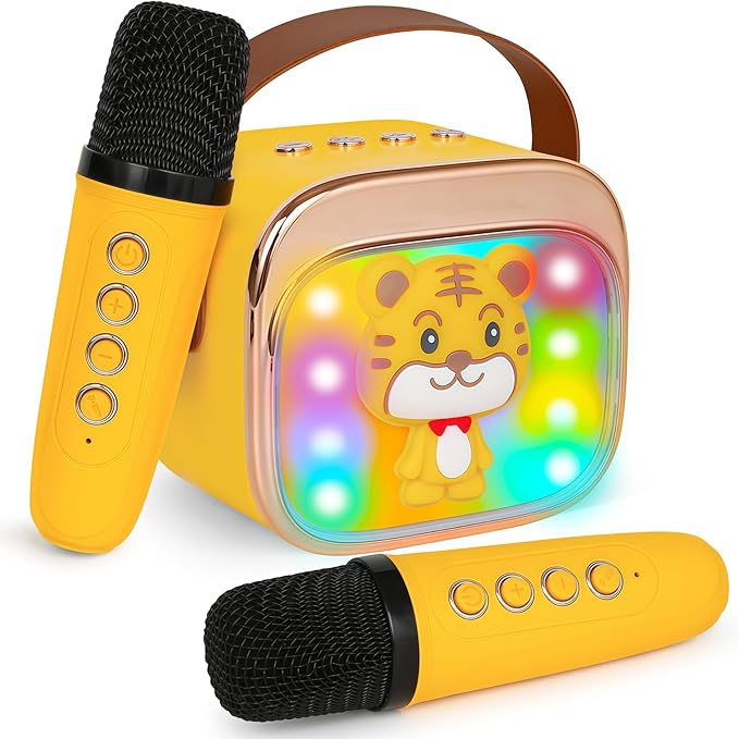 Karaoke Machine for Kids, Portable Mini Karaoke Machine with 2 Wireless Microphones, 4 5 6 7 8 9 10 Years Old Girl Boy Easter Christmas Birthday Gift Tiger Speaker Toys-CubbioJoy
