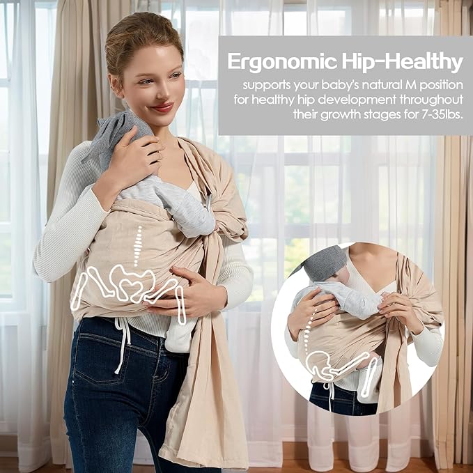 Baby Wrap Ring Sling 7-35 lbs, Baby Sling Carrier for Newborn, Toddler, Infant Holder, Lightweight Baby Carrier Wraps, Cream-CubbioJoy