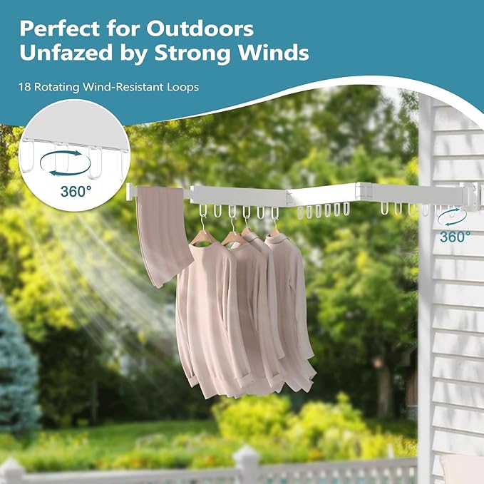 JAUREE Clothes Drying Rack Wall Mounted, Laundry Drying Rack Collapsible, Space Saving Wall Drying Rack Clothing Foldable, Tri-Fold Retractable Rack Outdoor Indoor with 18 Hooks, White-CubbioJoy