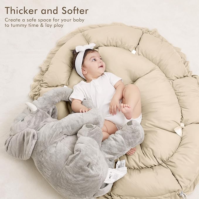 ANGELBLISS 5 in 1 Baby Play Gym Mat, Reversible Tummy Time Mat with 5 Sensory Toys for Stage-Based Developmental, Thick & Large Baby Activity Center from Newborn to Toddler (Khaki)-CubbioJoy