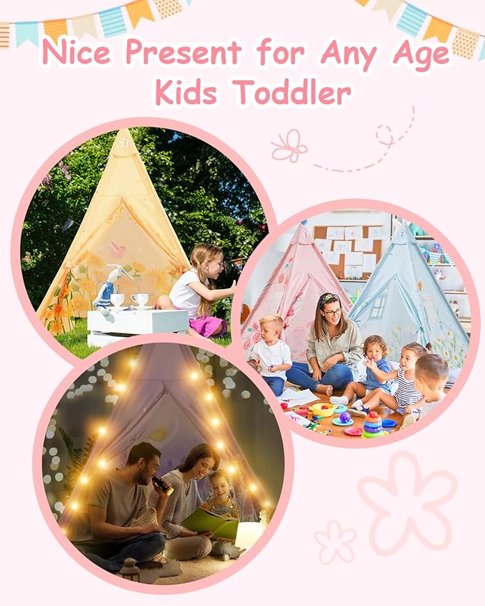 6 Pack Teepee Tent for Kids with Inflatable Airbed, Light, Toddler Tent Children Room Tents, Slumber Party Sleepover Tents, Indoor Outdoor Kids Playtent Playhouse for Girls & Boys-CubbioJoy