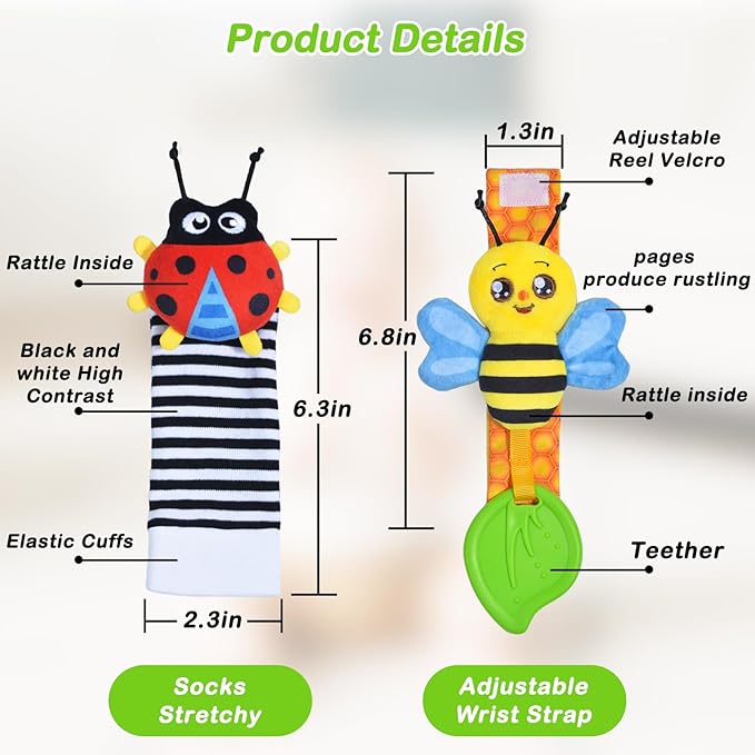 Baby Toys 0-6 Months,Soft Rattle Socks and Wristband Set,Hand and Foot Sensory Development Toys for Babies 0-12 Months with Infant Teething Toys,Shower Gifts for Newborn Boy and Girl-CubbioJoy