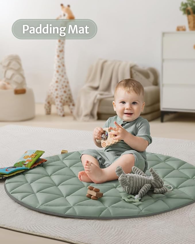 Blissful Diary Waterproof Baby Play Gym Mat, Wipe-Clean Vegan Leather Tummy Time Mat with 6 Detachable Toys, Baby Activity Mat, Sage Green-CubbioJoy