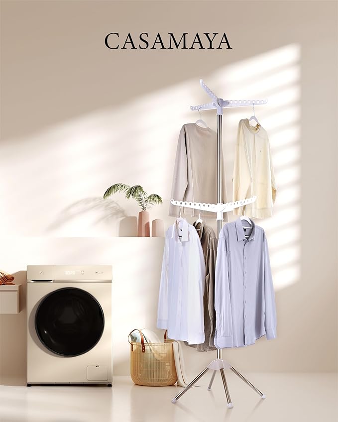 Clothes Drying Rack Foldable, 74.8 inch 2 Tier Laundry Drying Rack with Rotating Clothes Rail for 54 Pieces of Clothes, Space Saving, Indoor, Stainless Steel, White and Silver CDR002W01-CubbioJoy