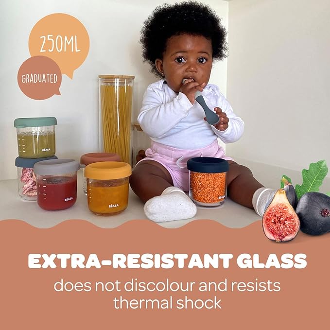 BEABA 8 oz Glass Baby Food Jars with Soft Silicone Air Tight Lids, Glass Storage Containers with Lids, Microwave and Freezer Safe Containers, Terracotta-CubbioJoy