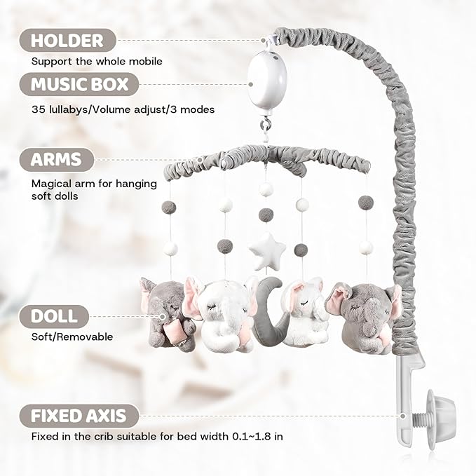 Baby Crib Mobile - Elephant Crib Mobile for Girls with 25 Inches Mobile Arm and 35 Lullabies Musical Box, 3 Modes Digital, Volume Control, Essential Gift for Infant Bedroom Hanging Decor-CubbioJoy