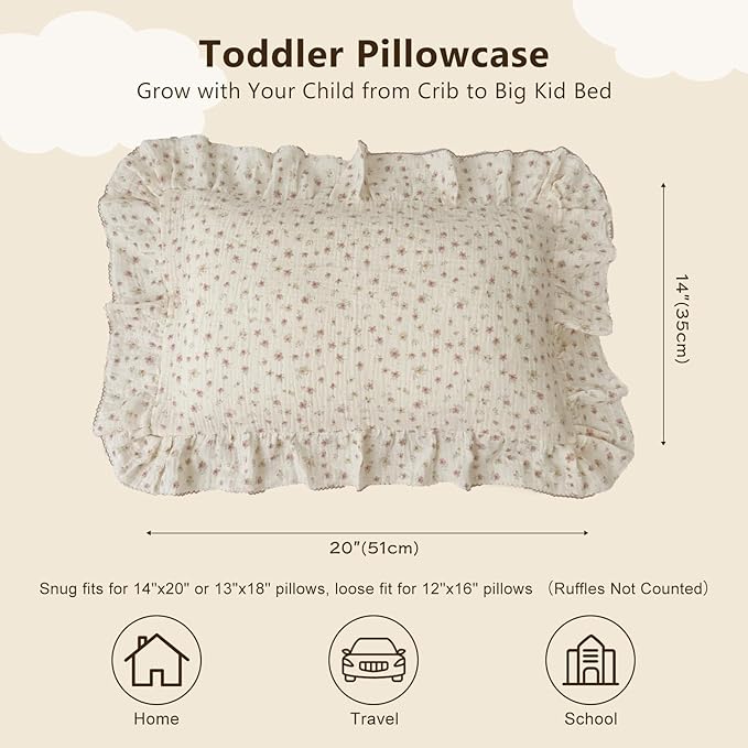 BuLuTu 2-Layer Cotton Muslin Toddler Pillowcases for Girls Boys Floral Pillow Cover Decorative Pillow Cases Gauze Cotton Small Pillow Protector for Crib, Envelope Closure, 14"x20",1 pc-CubbioJoy