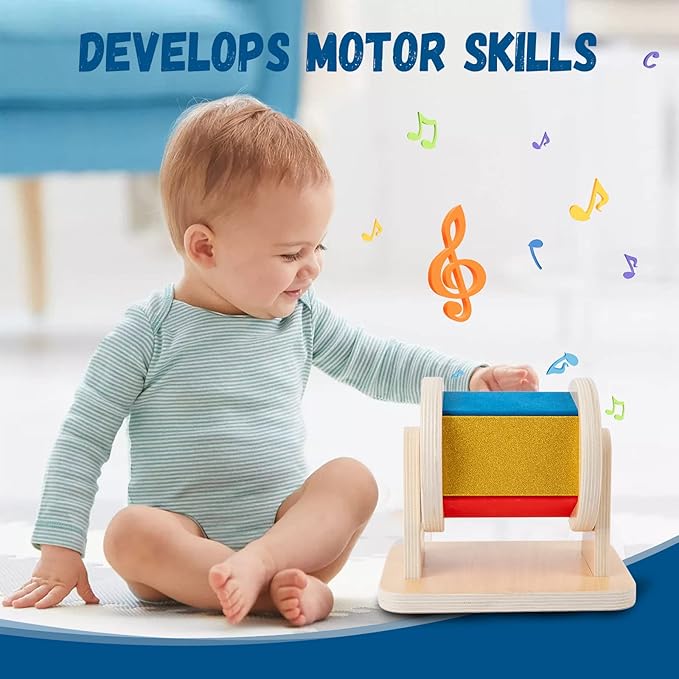 Adena Montessori Spinning Drum Baby Toys,Montessori Toys for Babies 6-12 Months Toddlers,Wooden Spinning Rainbow with Multiple Materials Baby Christmas Toys for Boy and Girls Gift(Medium-size Texture)-CubbioJoy
