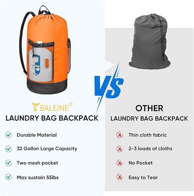 BALEINE 120L Laundry Bag Backpack, 900D Oxford Fabric Large Travel Laundry Bags with Shoulder Straps and 2 Mesh Pockets for College Dorm, Apartment, Laundromat (Orange, 120L)-CubbioJoy