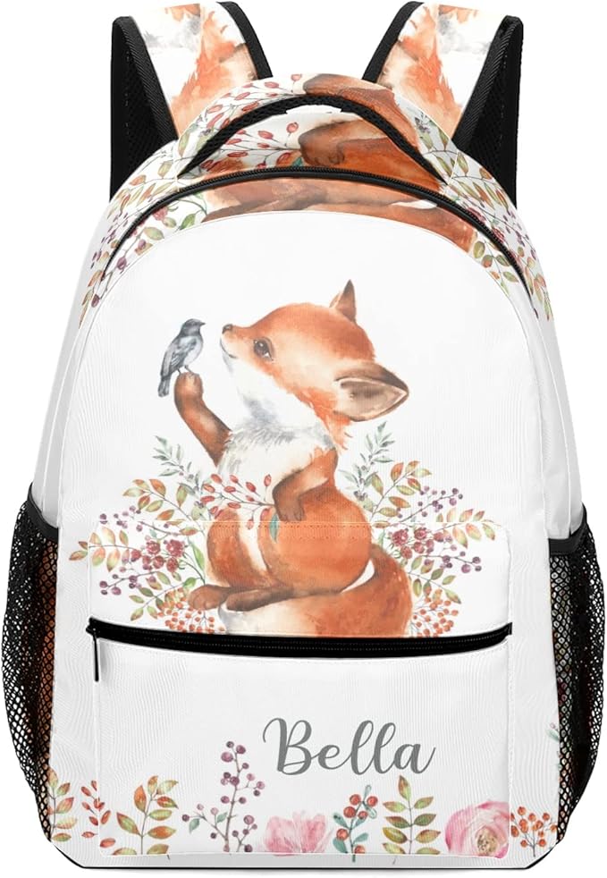 Cute Fox Little Bird Custom Kids Backpack 16.5 Inch for Boy Girl, Personalized Waterproof Child School Travel Bag with Name Option5-CubbioJoy