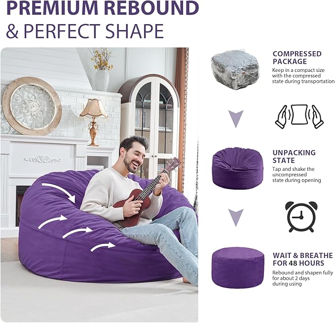 5FT Bean Bag Chair, Large Bean Bag Chairs with Memory Foam Filled, Fluffy Beanbag Sofa with Dutch Velvet Cover, Round BeanBag Chairs for Living Room, Playroom - Purple-CubbioJoy