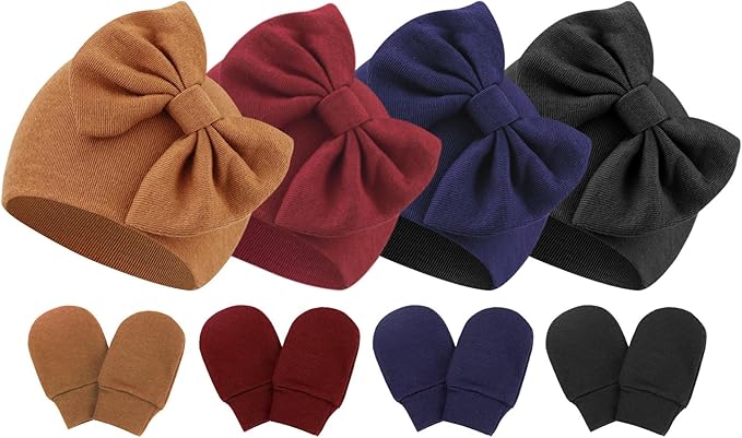 BQUBO Newborn Baby Hats Mittens Set Hospital Hat Beanie Infant Bow Hats Baby Gloves No Scratch Mittens for 0-6 Months-CubbioJoy