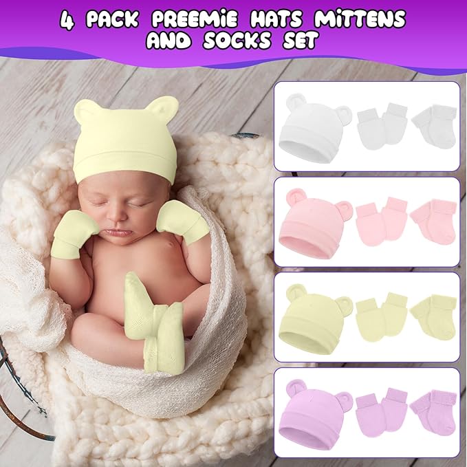 Cuffbow 4 Pcs Preemie Hats Mittens and Socks Set Preemie Mittens Warm Terry Socks for Baby-CubbioJoy
