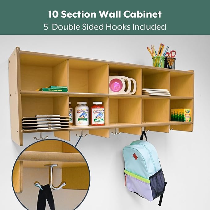 Angeles Value Line 10 Section Wall Locker, Classroom Shelves and Daycare Furniture, Cubby Storage Organizer with Hooks, 48" L x 12" W x 19" H-CubbioJoy