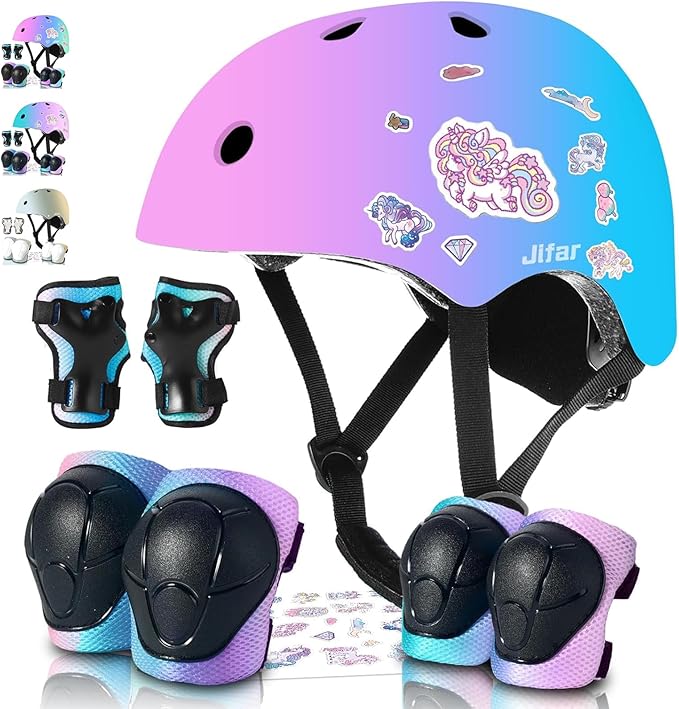 Adjustable Kids Bike Helmet with Knee & Elbow Pads Set, Color Gradient Design for Boys and Girls Aged 3-14+, for Skateboarding, Scooter, Roller & Inline Skating, Longboard-CubbioJoy
